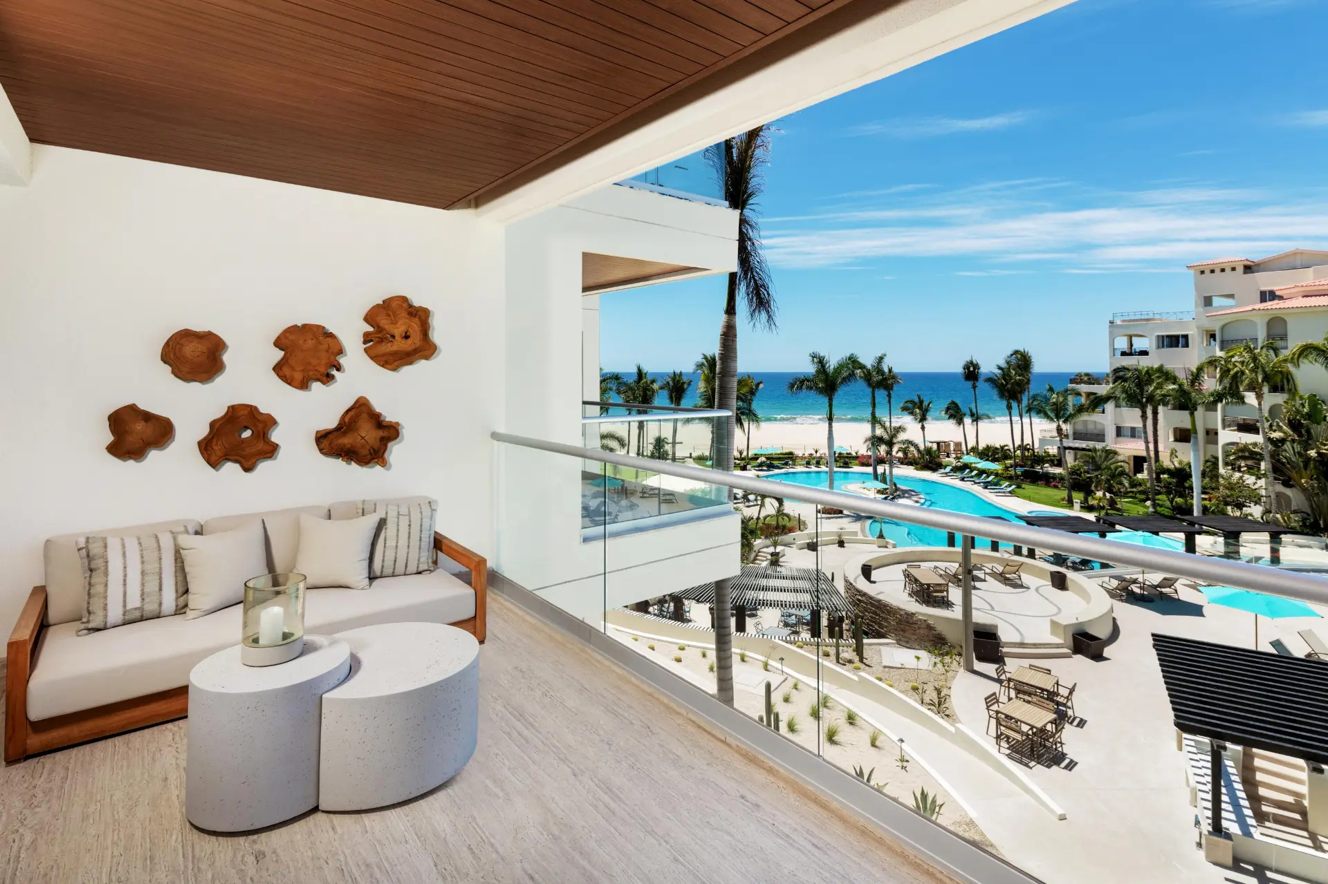 Private balcony overlooking the beach and pools at Tortuga Bay